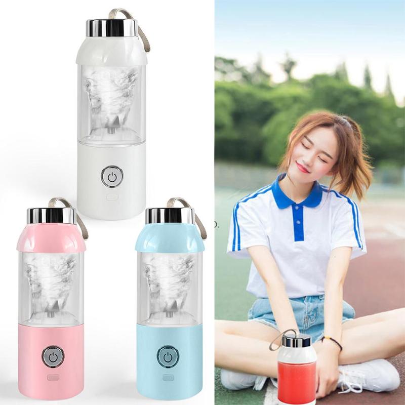 Portable mini juicer blender in four colors: white, pink, blue, and red, showcased with a smiling woman outdoors.